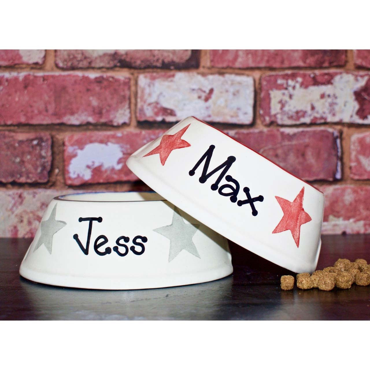 Personalised Slanted Dog Bowls And Treat Jar Set In Star Design